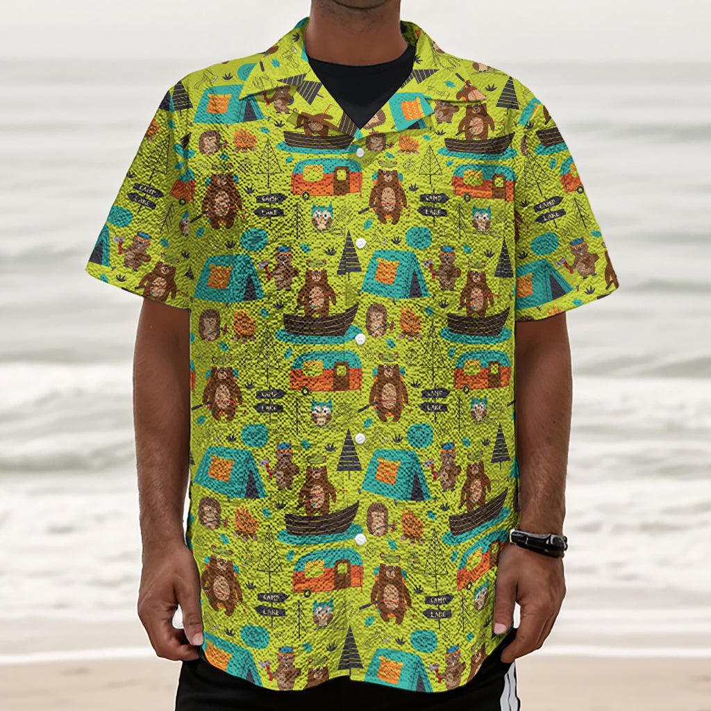 Animal Camping Pattern Print Textured Short Sleeve Shirt