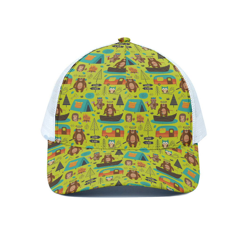 Animal Camping Pattern Print White Mesh Trucker Cap