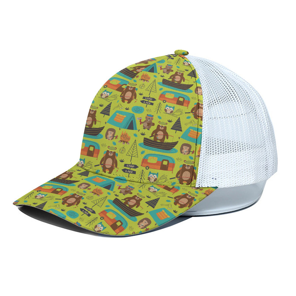 Animal Camping Pattern Print White Mesh Trucker Cap