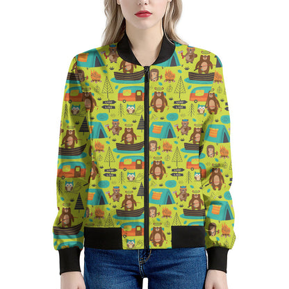 Animal Camping Pattern Print Women's Bomber Jacket