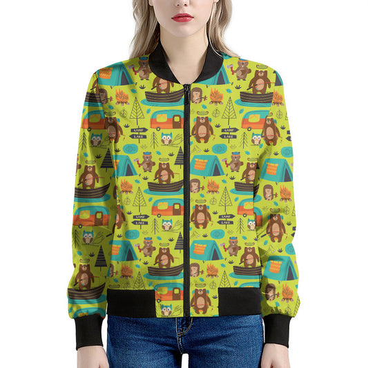 Animal Camping Pattern Print Women's Bomber Jacket