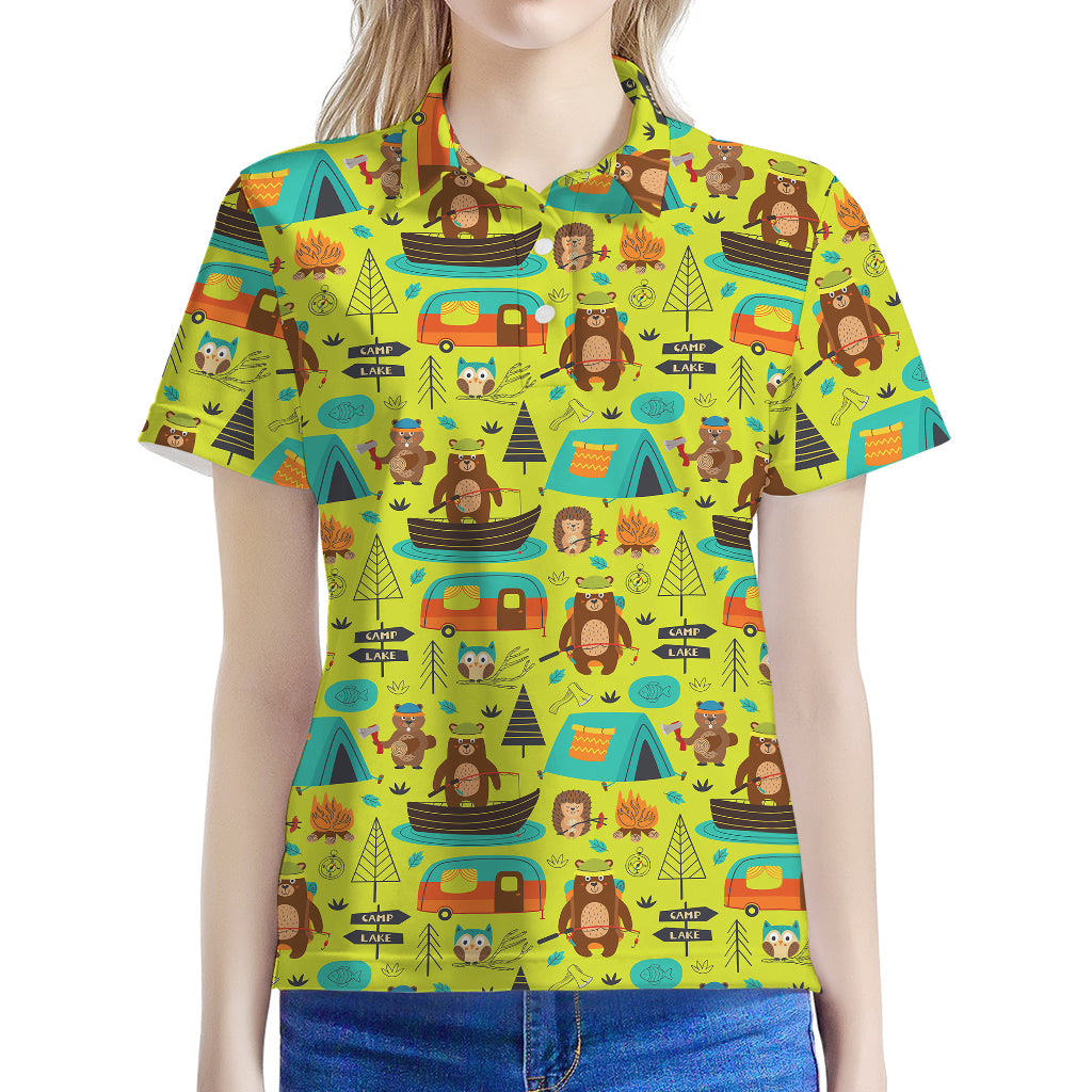 Animal Camping Pattern Print Women's Polo Shirt