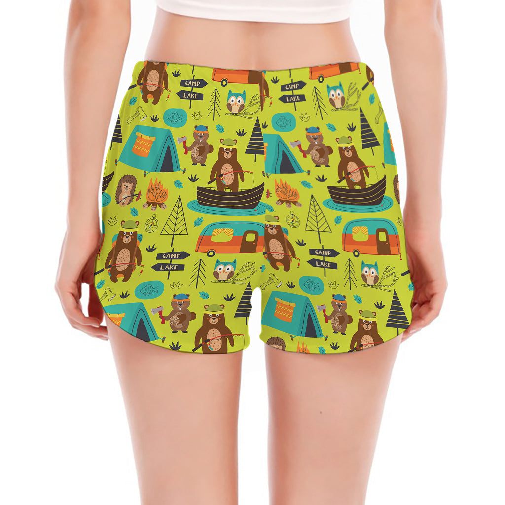 Animal Camping Pattern Print Women's Split Running Shorts