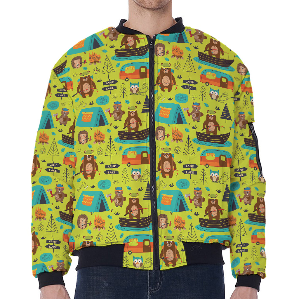 Animal Camping Pattern Print Zip Sleeve Bomber Jacket