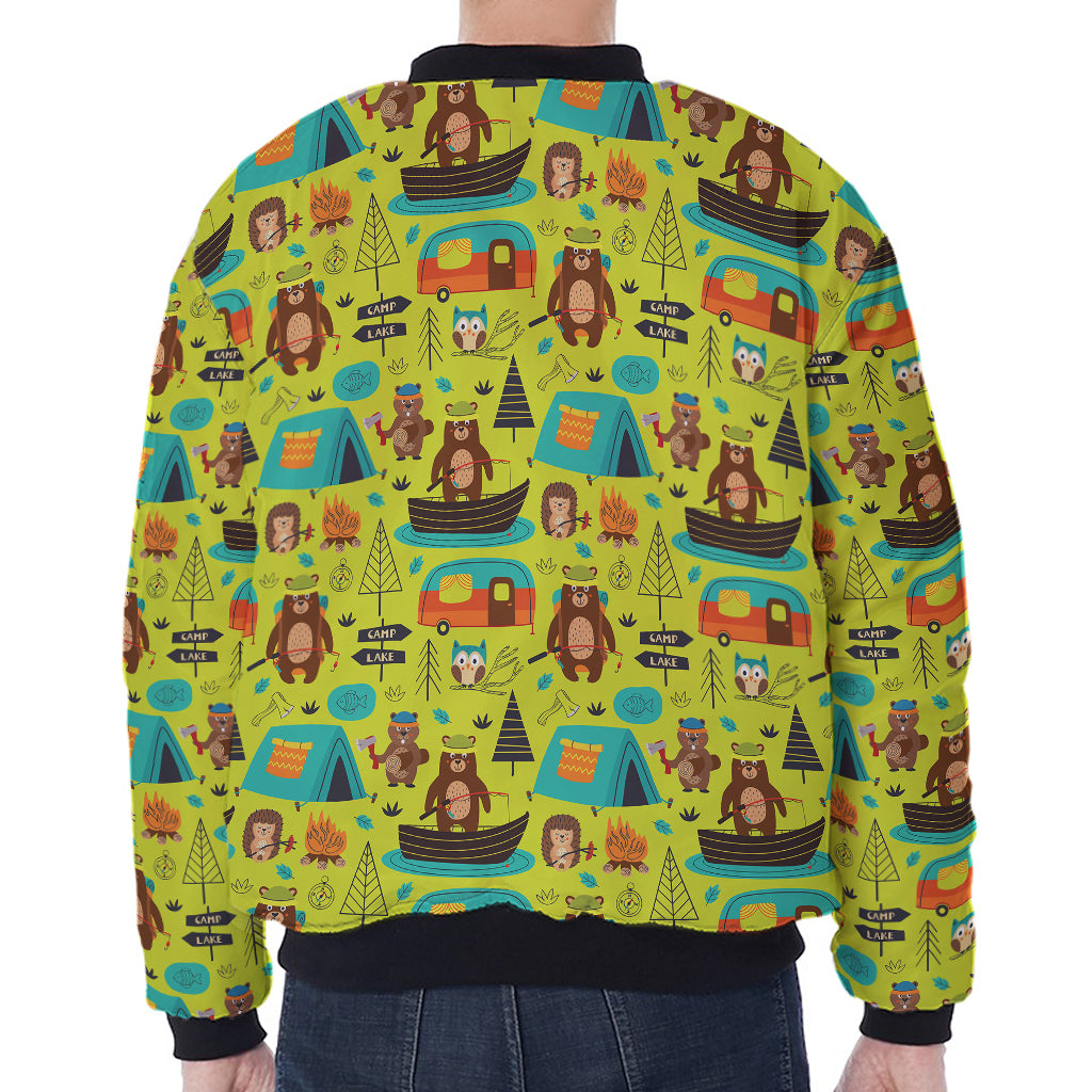 Animal Camping Pattern Print Zip Sleeve Bomber Jacket