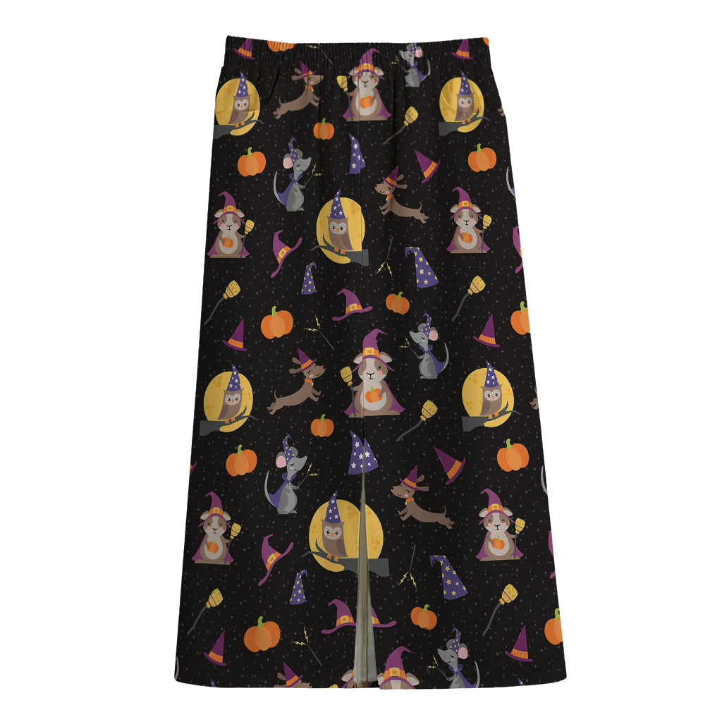 Animal Wizard Pattern Print Cotton Front Slit Maxi Skirt