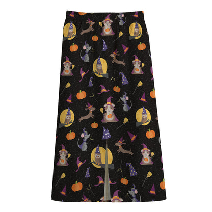 Animal Wizard Pattern Print Cotton Front Slit Maxi Skirt
