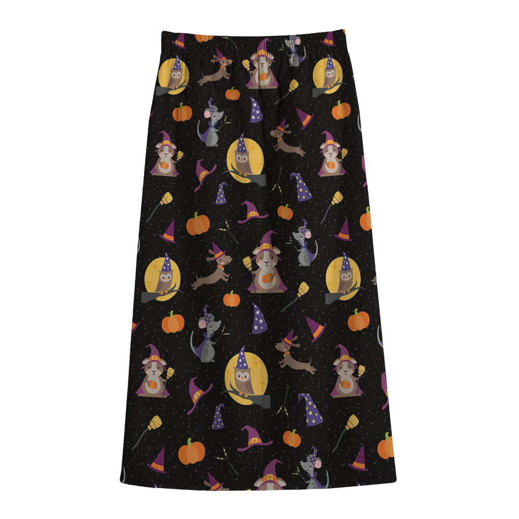 Animal Wizard Pattern Print Cotton Front Slit Maxi Skirt