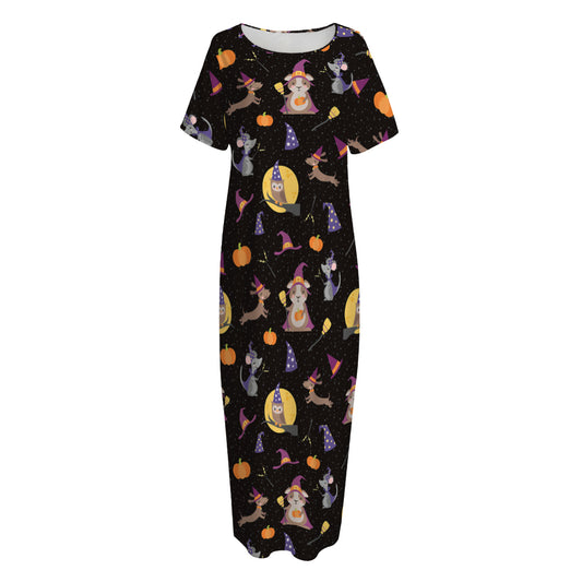 Animal Wizard Pattern Print Short Sleeve Long Nightdress