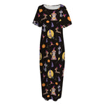 Animal Wizard Pattern Print Short Sleeve Long Nightdress