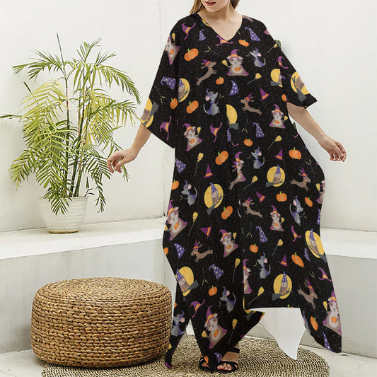 Animal Wizard Pattern Print Silk V-Neck Kaftan Dress