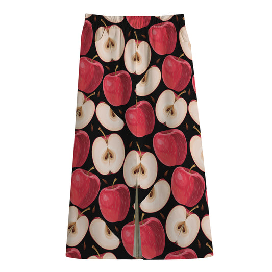 Apple Pattern Print Cotton Front Slit Maxi Skirt