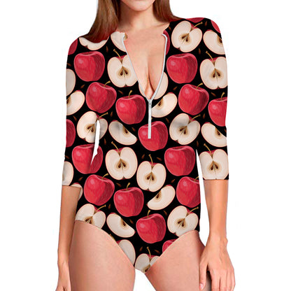 Apple Pattern Print Long Sleeve Swimsuit