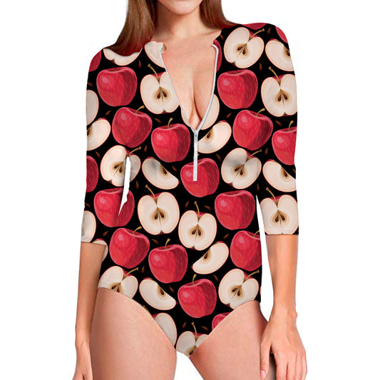 Apple Pattern Print Long Sleeve Swimsuit
