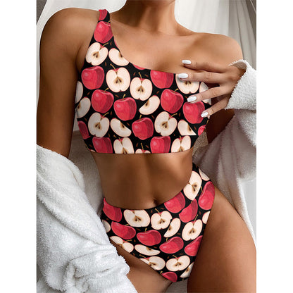 Apple Pattern Print One Shoulder Bikini Top