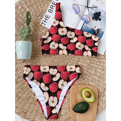 Apple Pattern Print One Shoulder Bikini Top