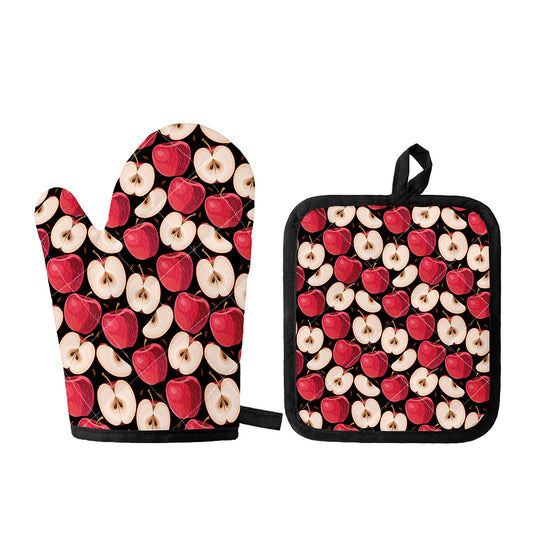Apple Pattern Print Oven Mitt And Pot Holder Set