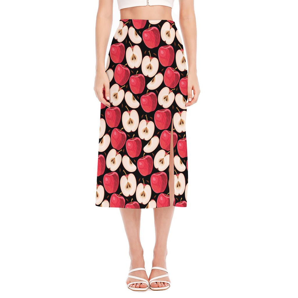 Apple Pattern Print Side Slit Midi Skirt