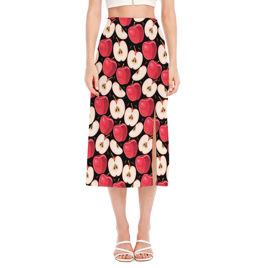 Apple Pattern Print Side Slit Midi Skirt