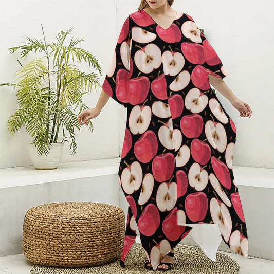 Apple Pattern Print Silk V-Neck Kaftan Dress
