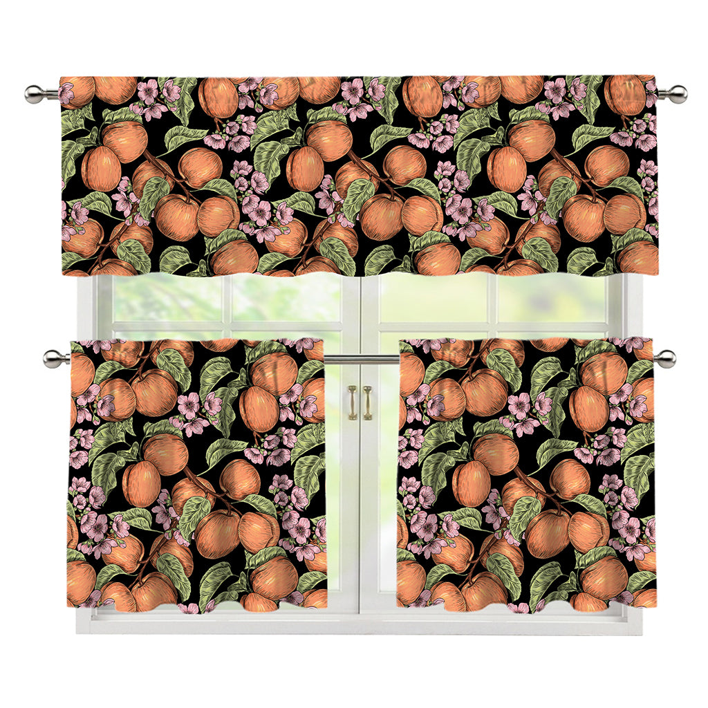 Apricot And Flower Pattern Print 3 Piece Kitchen Curtains