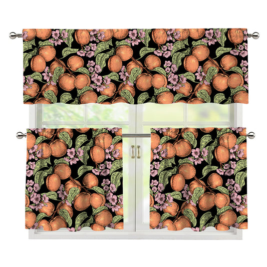 Apricot And Flower Pattern Print 3 Piece Kitchen Curtains