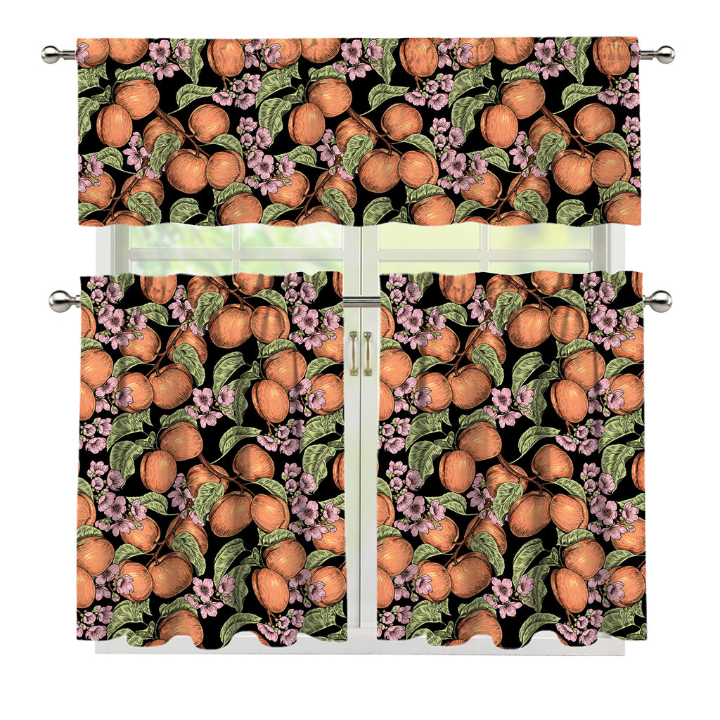 Apricot And Flower Pattern Print 3 Piece Kitchen Curtains