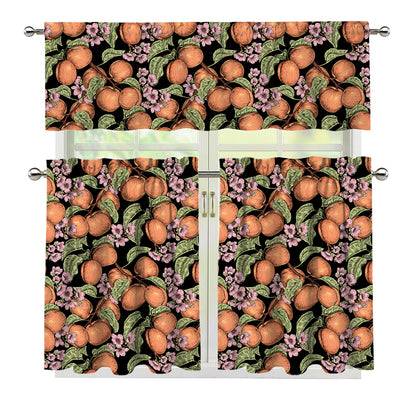 Apricot And Flower Pattern Print 3 Piece Kitchen Curtains