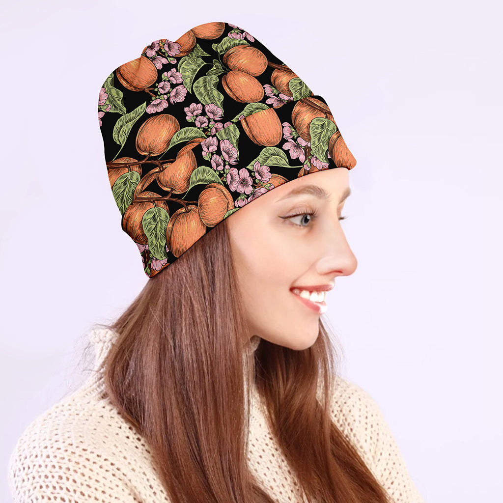 Apricot And Flower Pattern Print Beanie