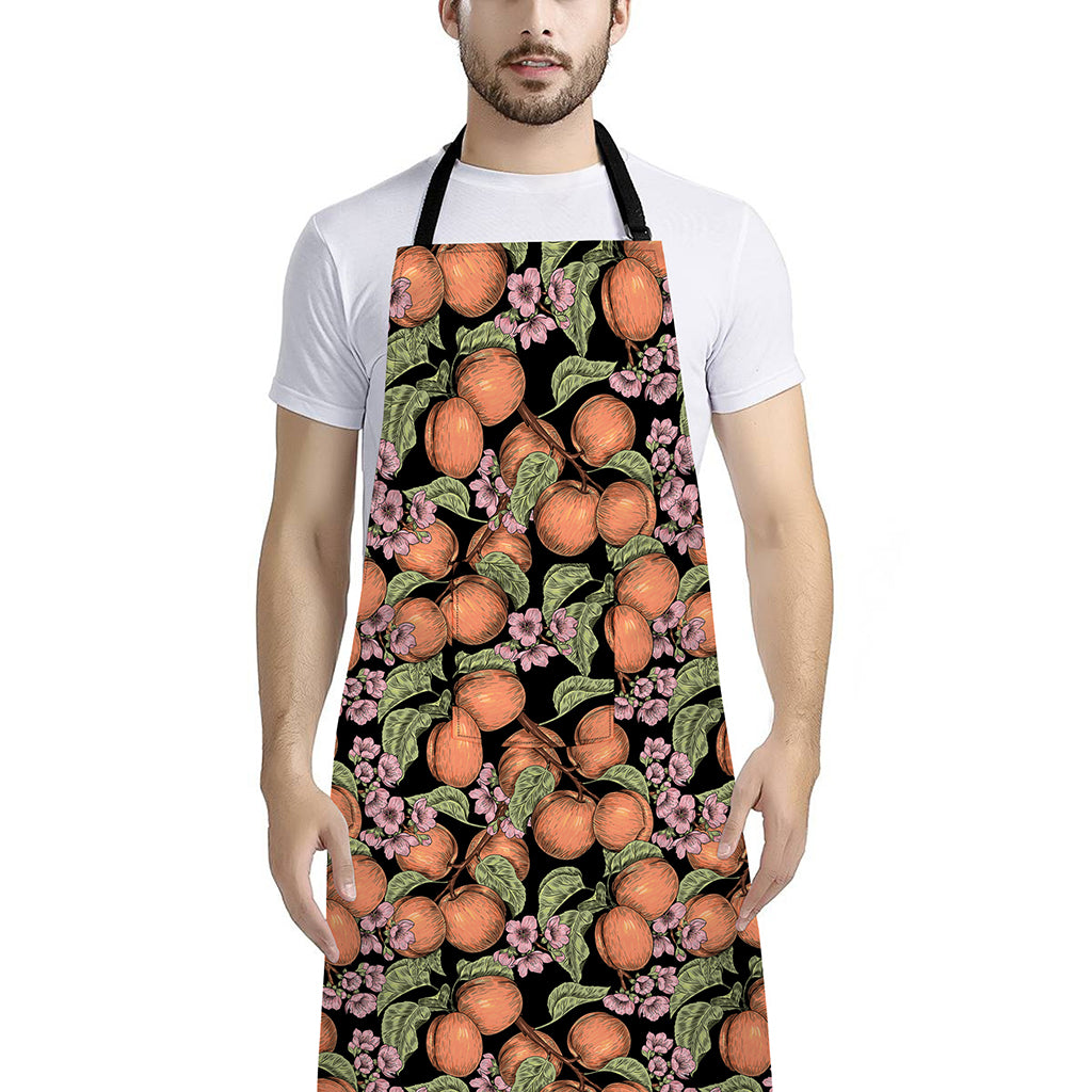 Apricot And Flower Pattern Print Bib Apron With Pocket