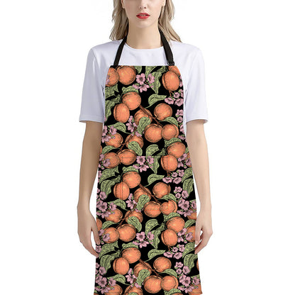 Apricot And Flower Pattern Print Bib Apron With Pocket
