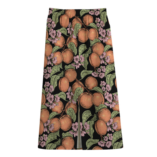 Apricot And Flower Pattern Print Cotton Front Slit Maxi Skirt