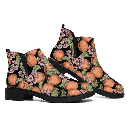 Apricot And Flower Pattern Print Flat Ankle Boots