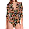 Apricot And Flower Pattern Print Long Sleeve Swimsuit