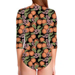 Apricot And Flower Pattern Print Long Sleeve Swimsuit