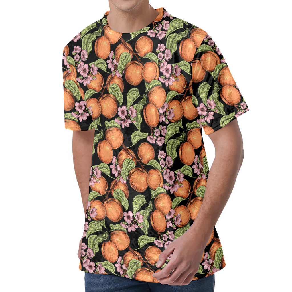 Apricot And Flower Pattern Print Men's Velvet T-Shirt