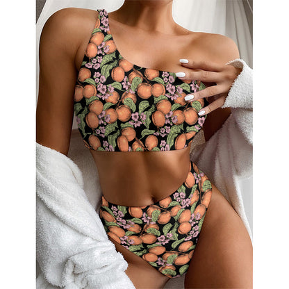 Apricot And Flower Pattern Print One Shoulder Bikini Top
