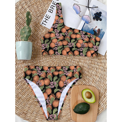 Apricot And Flower Pattern Print One Shoulder Bikini Top