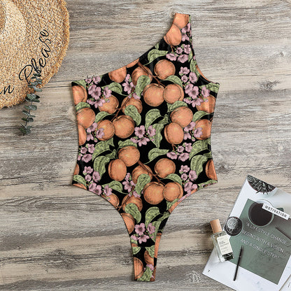 Apricot And Flower Pattern Print One Shoulder Bodysuit