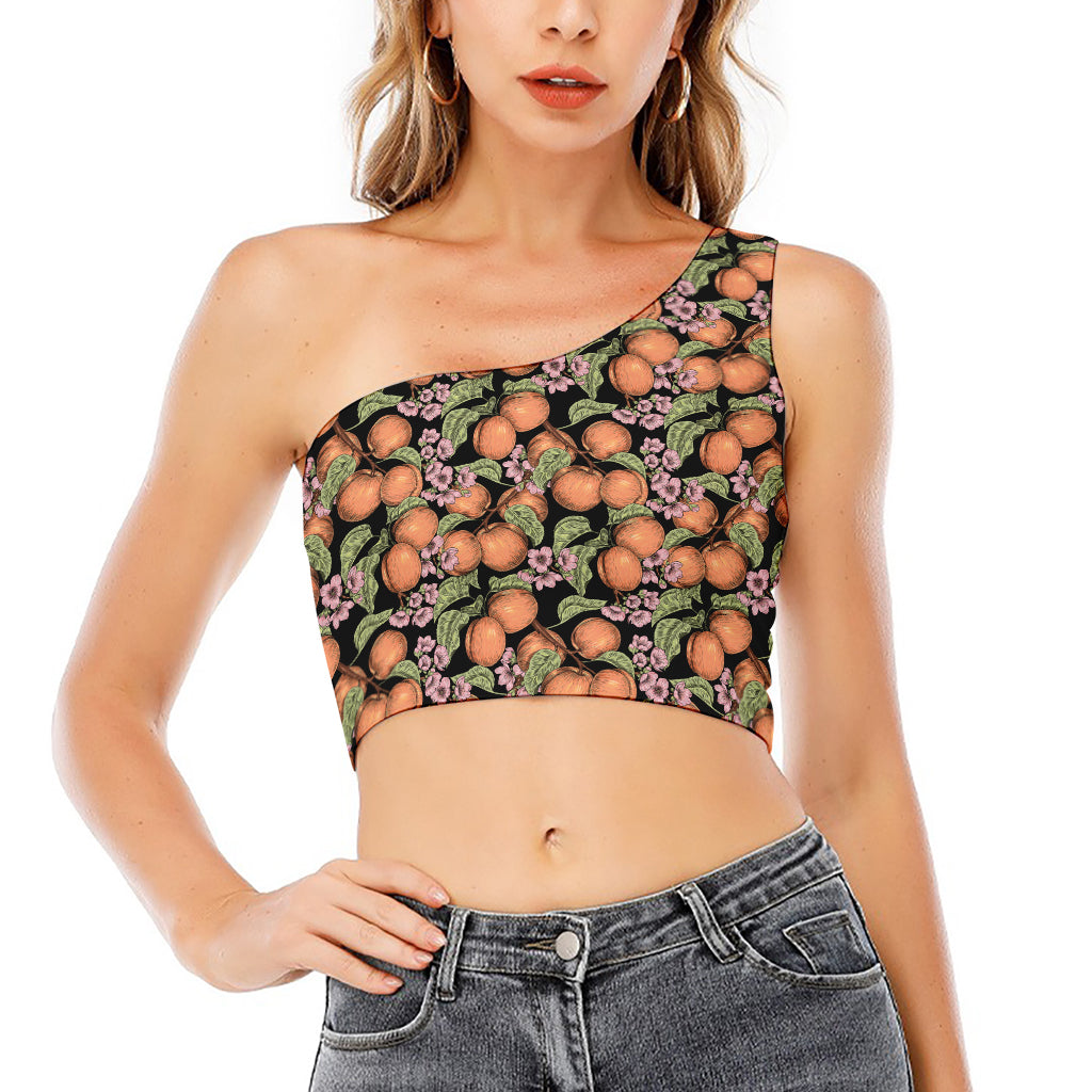 Apricot And Flower Pattern Print One Shoulder Crop Top