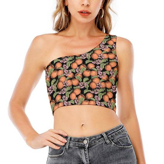 Apricot And Flower Pattern Print One Shoulder Crop Top