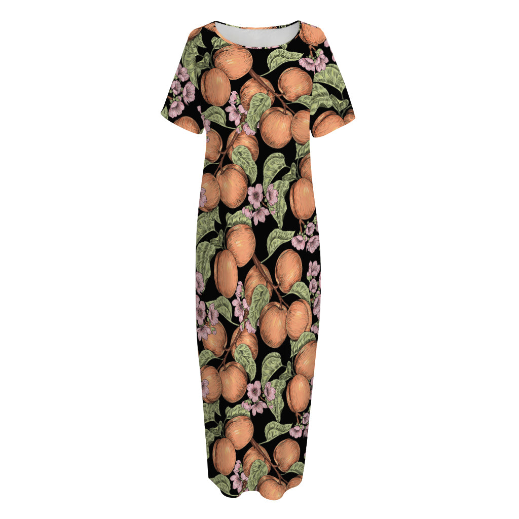 Apricot And Flower Pattern Print Short Sleeve Long Nightdress