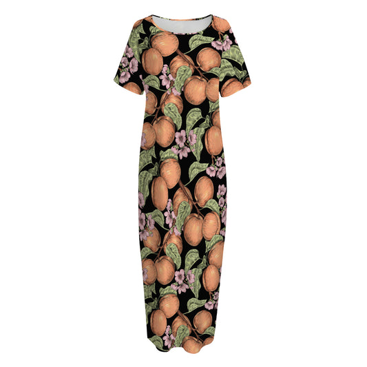 Apricot And Flower Pattern Print Short Sleeve Long Nightdress