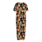 Apricot And Flower Pattern Print Short Sleeve Long Nightdress