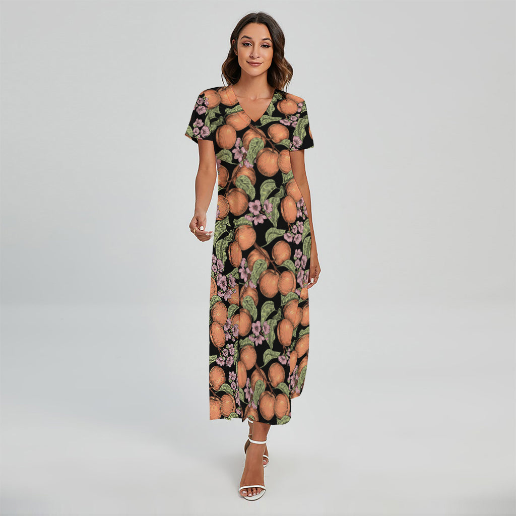 Apricot And Flower Pattern Print Short Sleeve Maxi Dress
