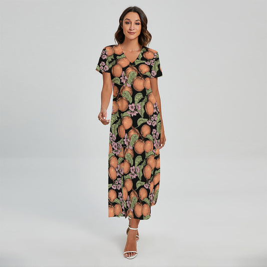 Apricot And Flower Pattern Print Short Sleeve Maxi Dress
