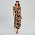Apricot And Flower Pattern Print Short Sleeve Maxi Dress
