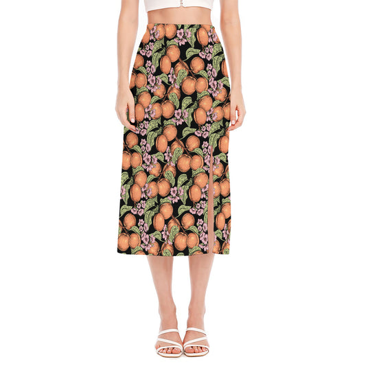 Apricot And Flower Pattern Print Side Slit Midi Skirt