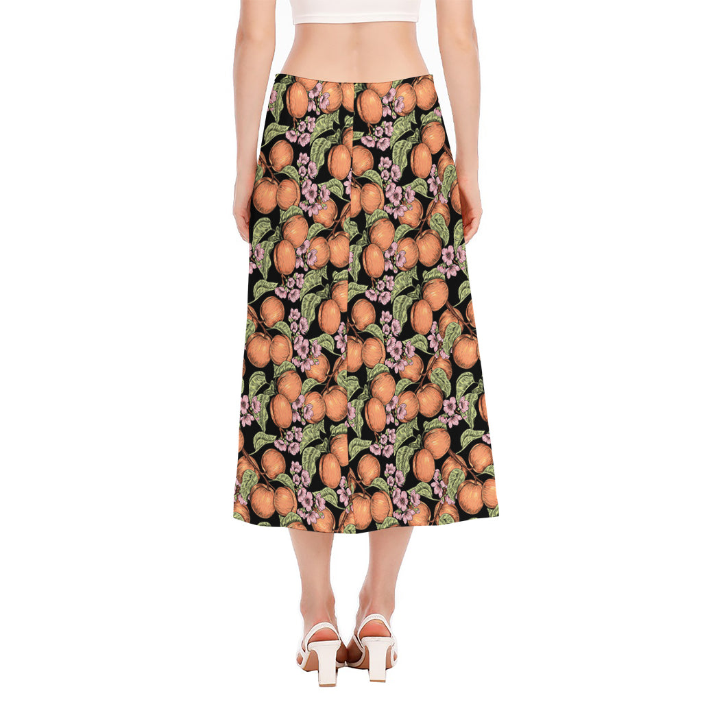 Apricot And Flower Pattern Print Side Slit Midi Skirt