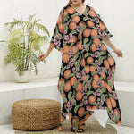 Apricot And Flower Pattern Print Silk V-Neck Kaftan Dress